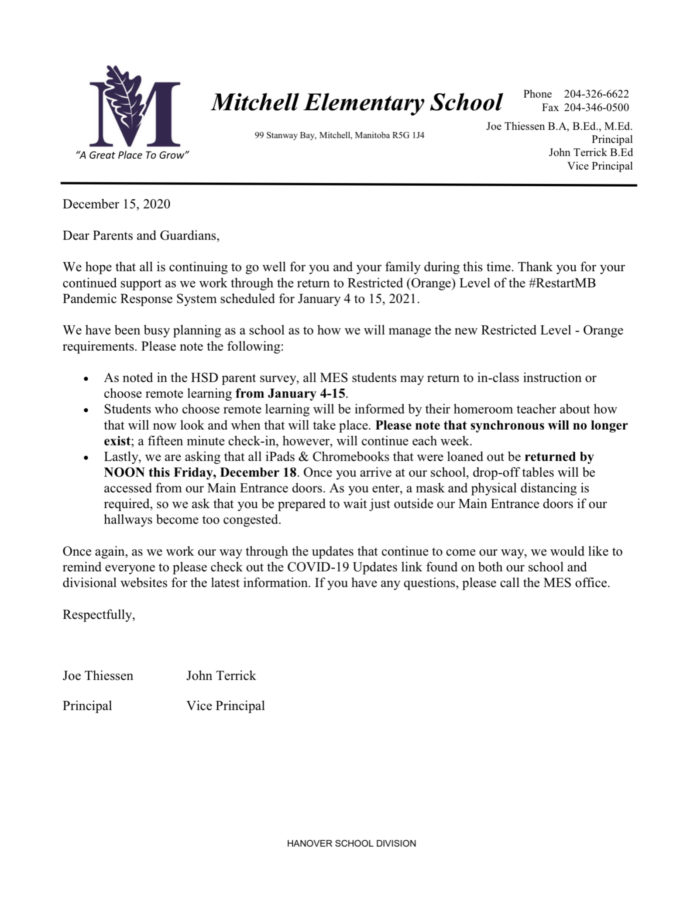 VP Update Letter for Parents